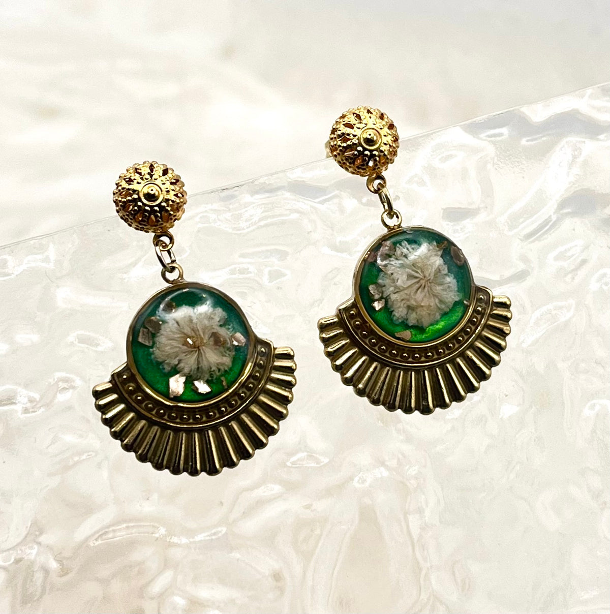 GREEN VINTAGE FLORAL DANGLES