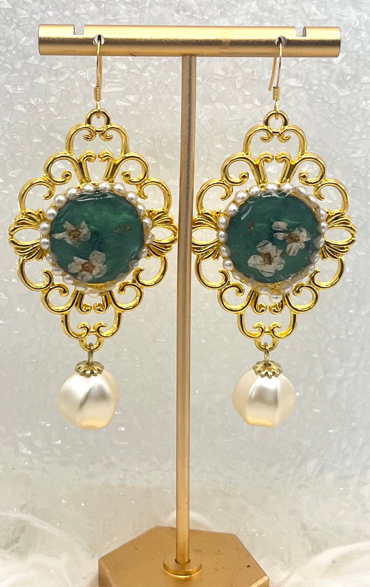 LARGE GREEN FLORAL DANGLES