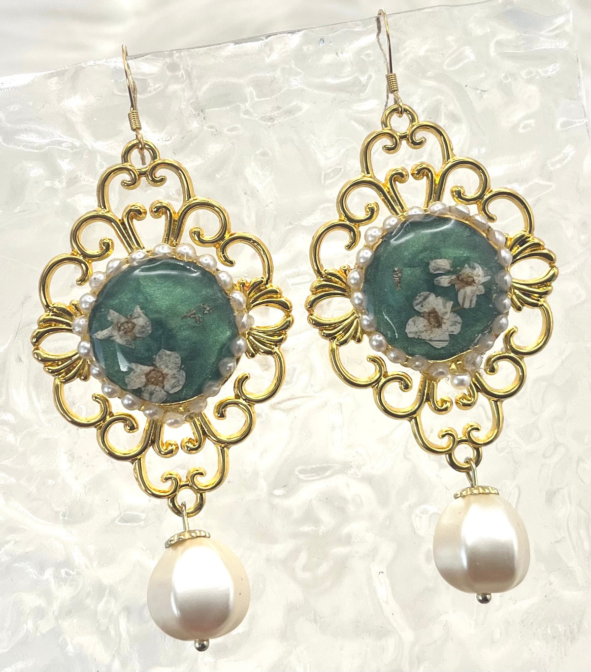 LARGE GREEN FLORAL DANGLES