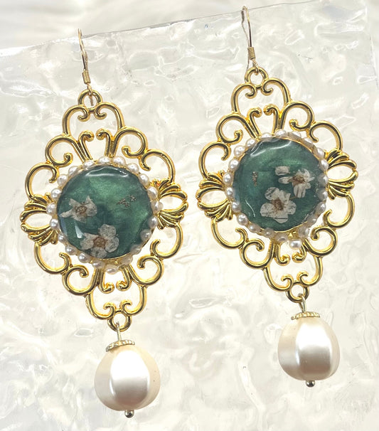 LARGE GREEN FLORAL DANGLES